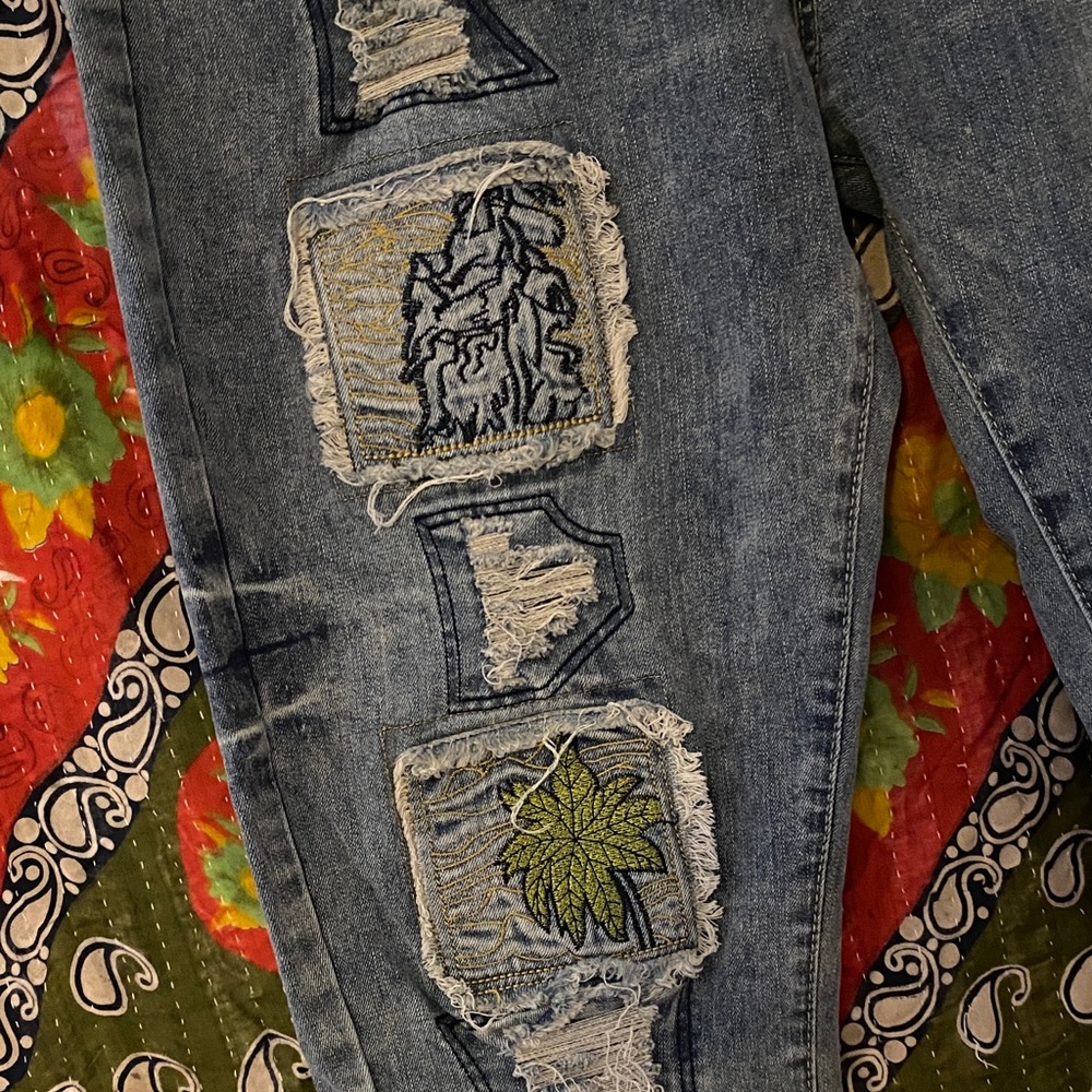 Men's Distressed Patchwork Skinny Jeans - Blue - Picture 2 of 4